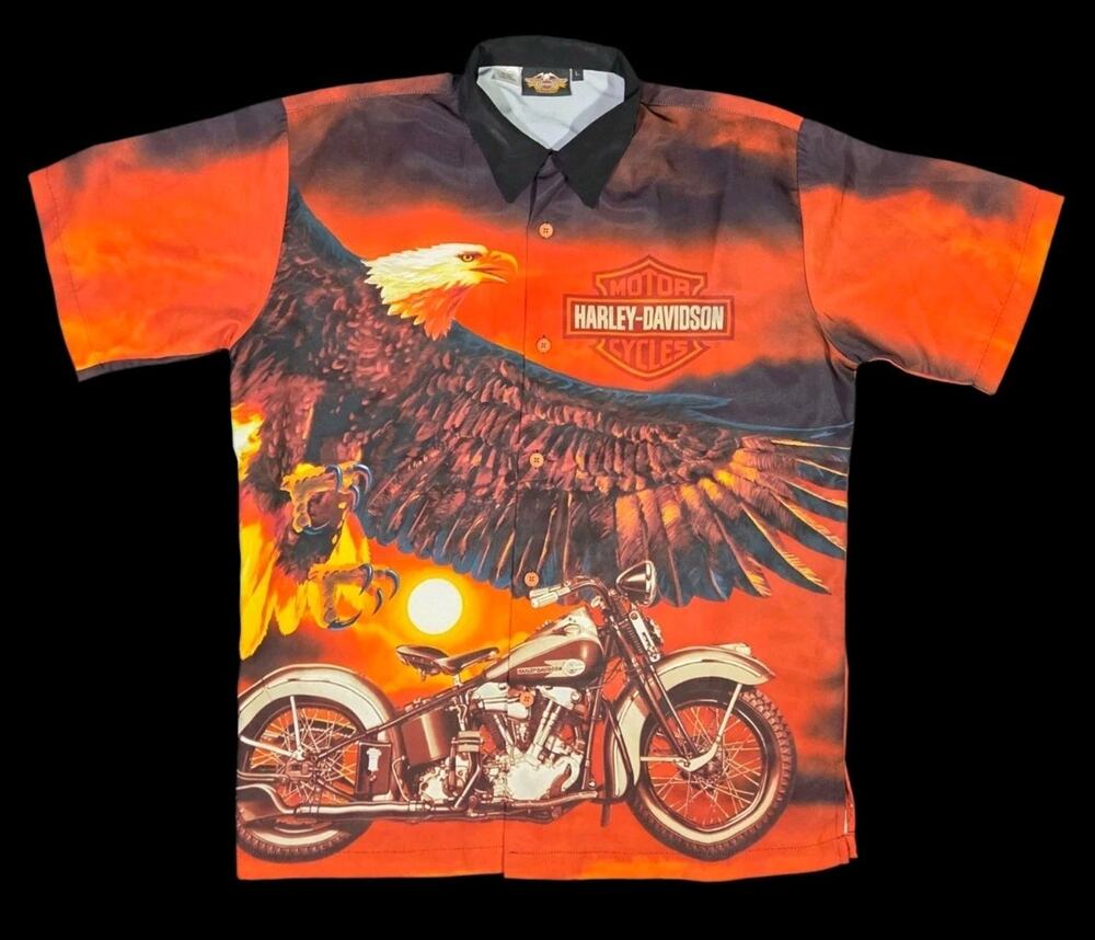 Vtg Harley Davidson AOP Button-Up Shirt Y2K Eagle Logo Motorcycle Biker Large